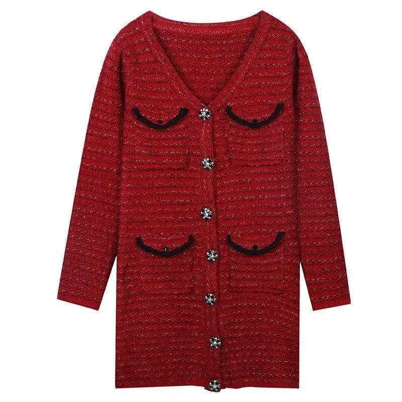 Long Sleeve V-Neck Gold Stripe Slim Mid-Length Red Knit-Red-1