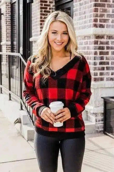 Warm Plaid V-Neck Women's Sweater-Red-1