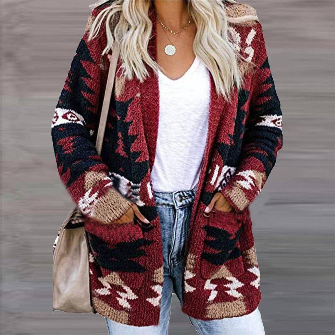 Loose Halloween Sweater Christmas Printed Knitted Cardigan-Red-5