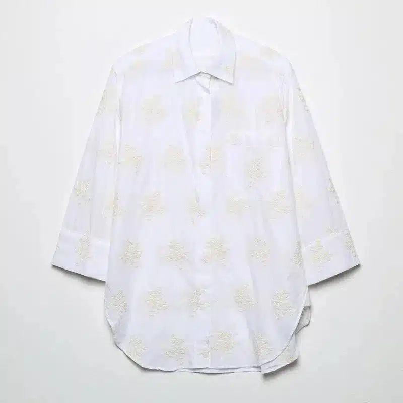 Men's Embroidered Casual Button-Down Shirt-White-1