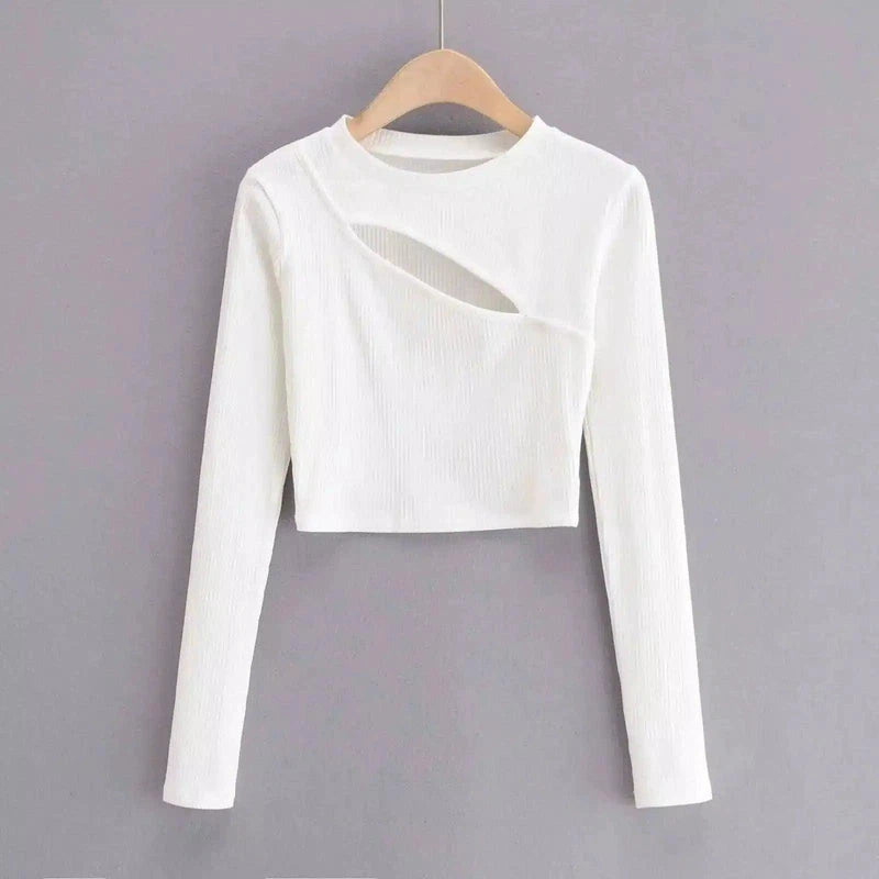 Cropped Knit Sweaters with Long Sleeves-White-5