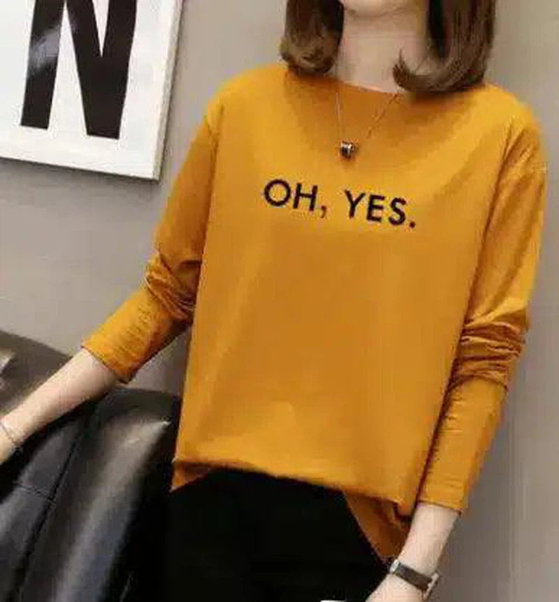 Women's Long Sleeve Casual Slogan Tee-Yellow-3