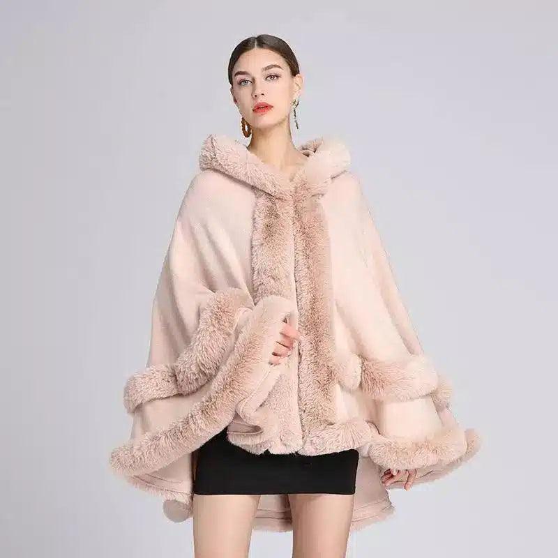 Autumn And Winter Fox Fur Hooded Cape Cape Ladies-Pink-1