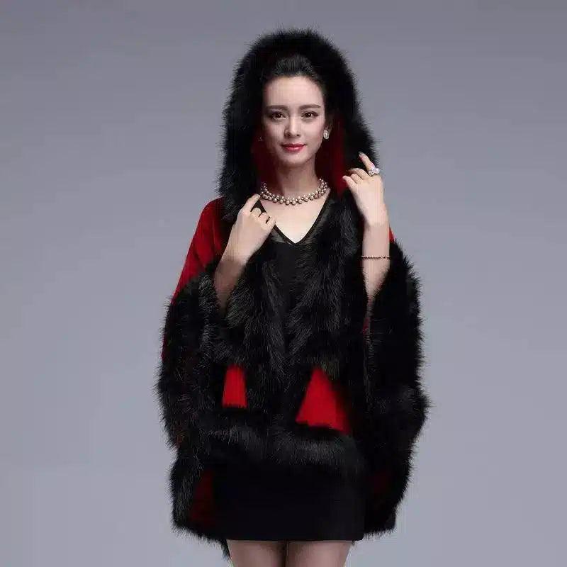 Autumn And Winter Fox Fur Hooded Cape Cape Ladies-Wine Red-5