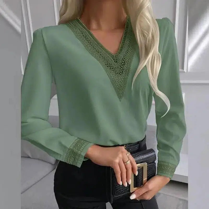 Autumn Lace Long-Sleeved V-Neck Shirt-Green-6