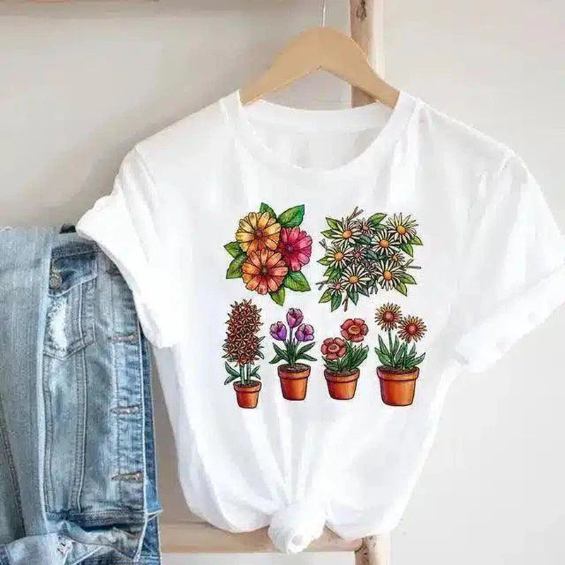 Floral Potted Plants Printed T-Shirt for Casual Wear-1style-1