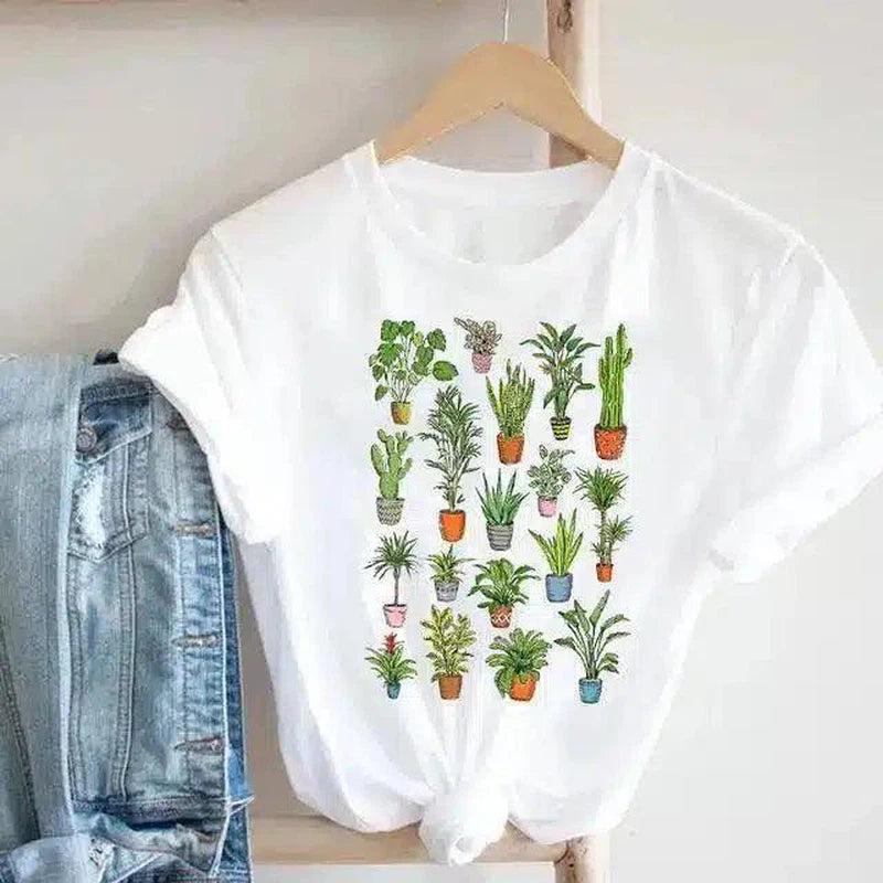 Floral Potted Plants Printed T-Shirt for Casual Wear-3style-4