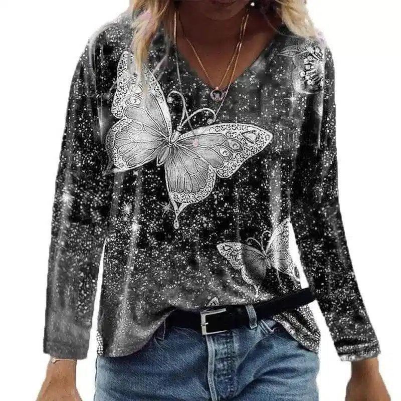 LOVEMI - Lovemi - Casual Top V-neck Butterfly Print Loose