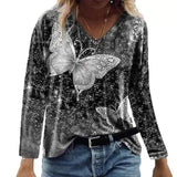 Women's Butterfly Print V-Neck Long Sleeve Top-Black-2