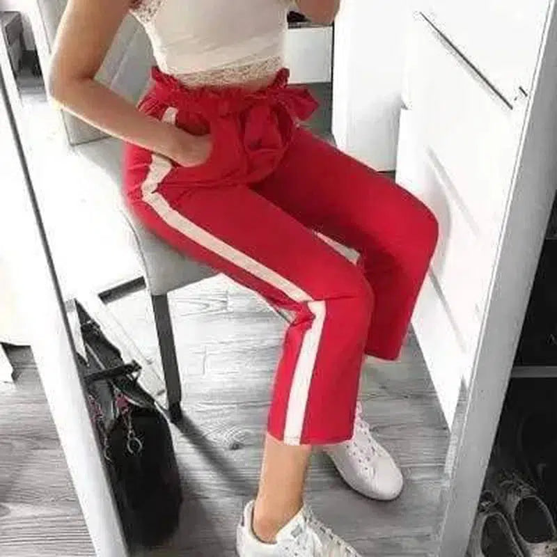 Color matching casual pocket bow pants-Red-5