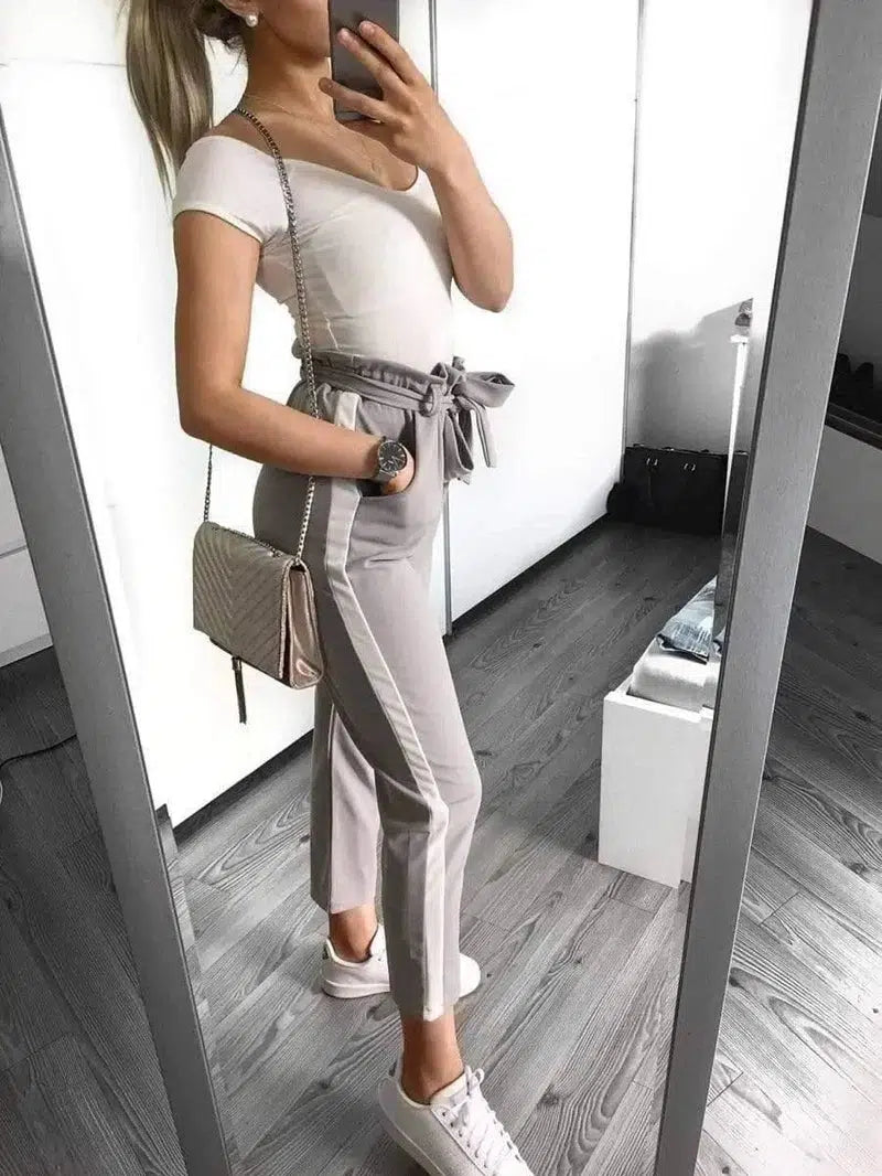 Color matching casual pocket bow pants-Light Gray-6