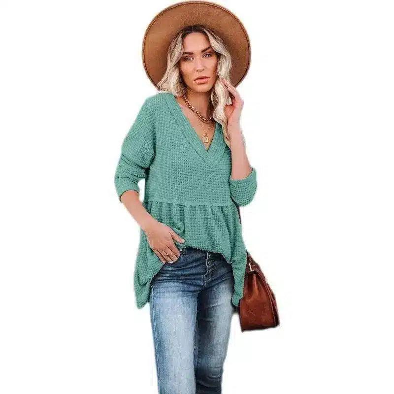 Women's V-Neck Knit Sweater Top-Turquoise-6