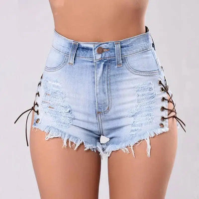 Cutoff Side Lacing Jeans Shorts-6