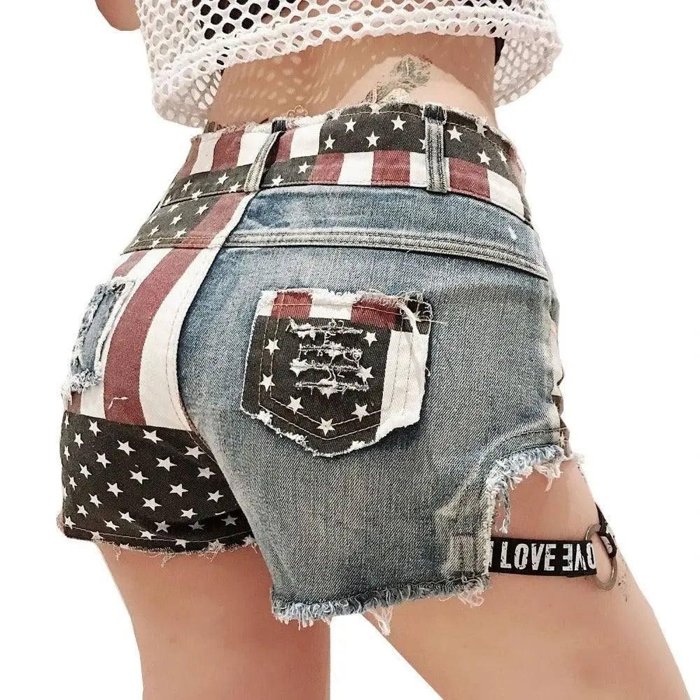 LOVEMI - Lovemi - Distressed US Flag Denim Shorts