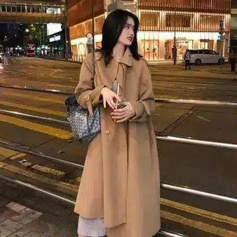 Double-sided waist belt tie trench coat woolen mid-length-Camel-3