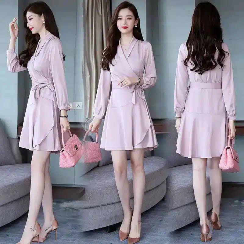 Dresses Spring high waist simple pure color, slim, sweet and-Pink-3