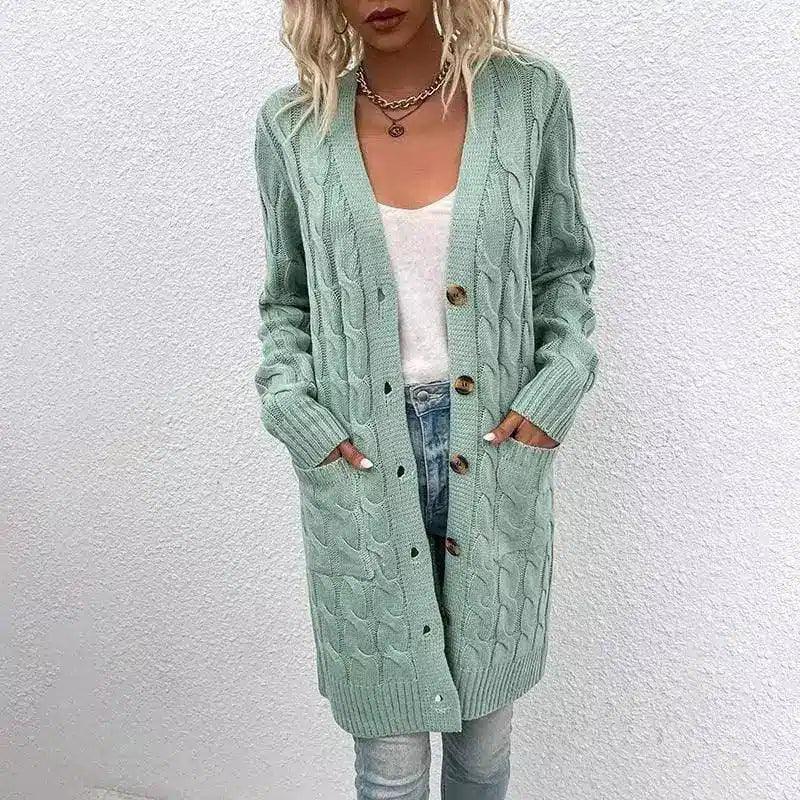 Women's Cable Knit Long Cardigan with Buttons-Bean Green-5