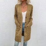 Women's Cable Knit Long Cardigan with Buttons-Khaki-6