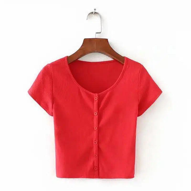 Women's Buttoned Crop Top T-Shirts-Red-3