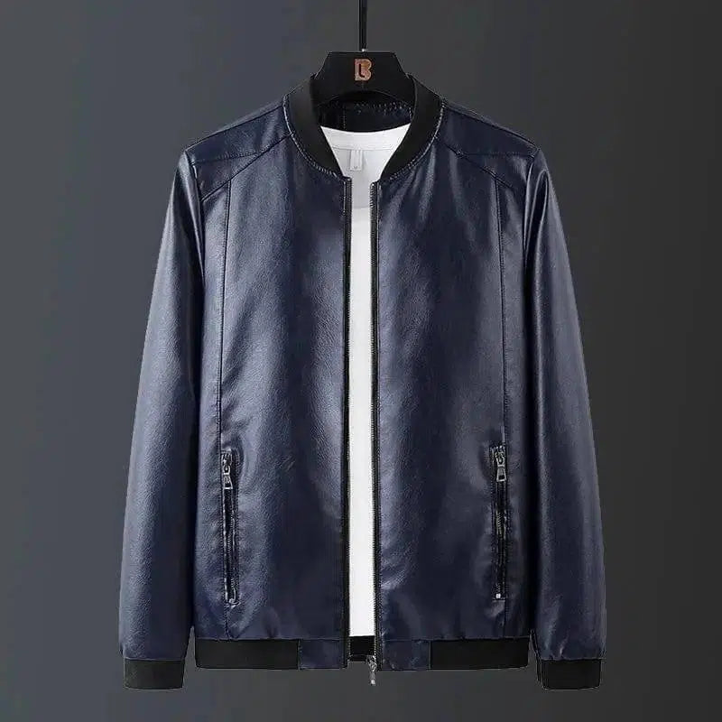 Fashion Trend Stand Collar Long Sleeve Leather Jacket-Blue-2