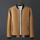 Fashion Trend Stand Collar Long Sleeve Leather Jacket-Orange-3