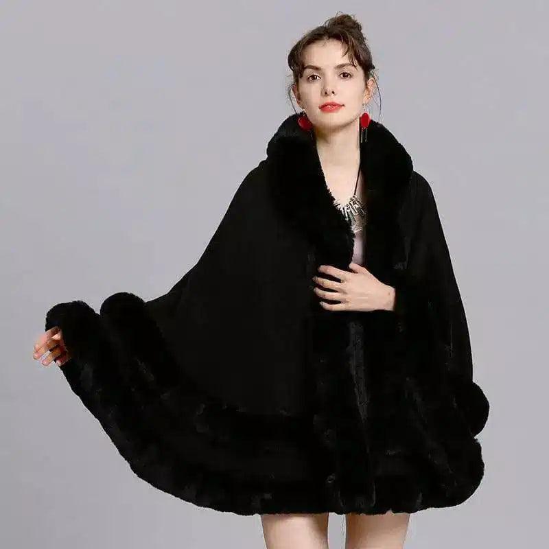 LOVEMI - Lovemi - Faux Fox Fur Collar Fur Hooded Knit Cardigan Cape