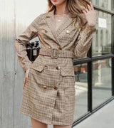 Female Temperament Suit Collar Plaid Dress-Khaki-2