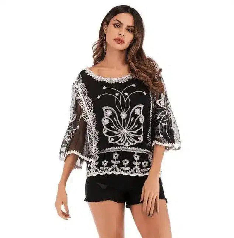 Women's Floral Poncho Top with Fringe Detail-Black pansy-3