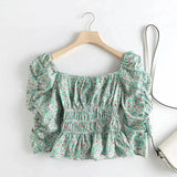 Women's Floral Smocked Puff Sleeve Top-Green-2