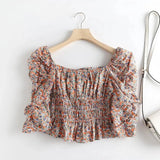 Women's Floral Smocked Puff Sleeve Top-Orange-5