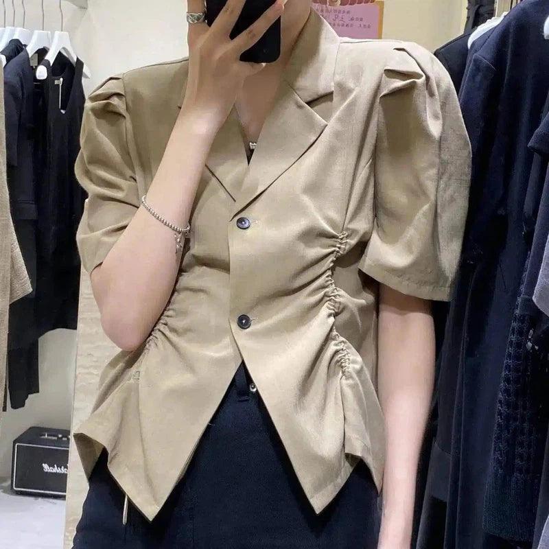 Women's Short Sleeve Blazer Top with Cinched Waist-Khaki-5