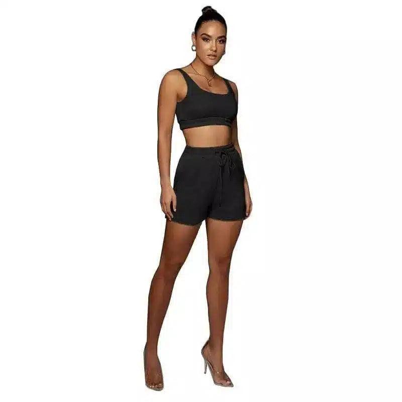 Women's Crop Top and Shorts Set-Black-2