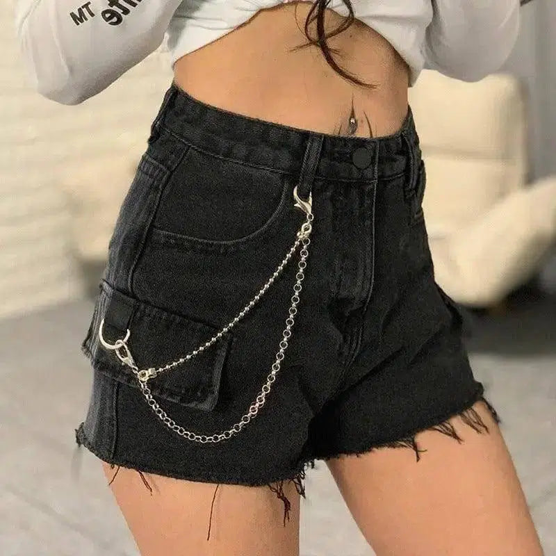 High-waisted jeans chain wide-leg raw shorts-Black-10