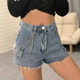 High-waisted jeans chain wide-leg raw shorts-Blue-13