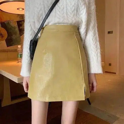 HOT Fashion Women Shiny Leather Skirts Female Solid Bodycon-yellow-10