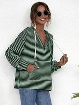 Striped Hooded Pullover with Front Pocket-Green and white-1