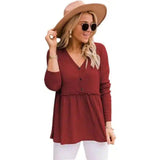 Womens V-Neck Buttoned Tunic Top-Red wine-7