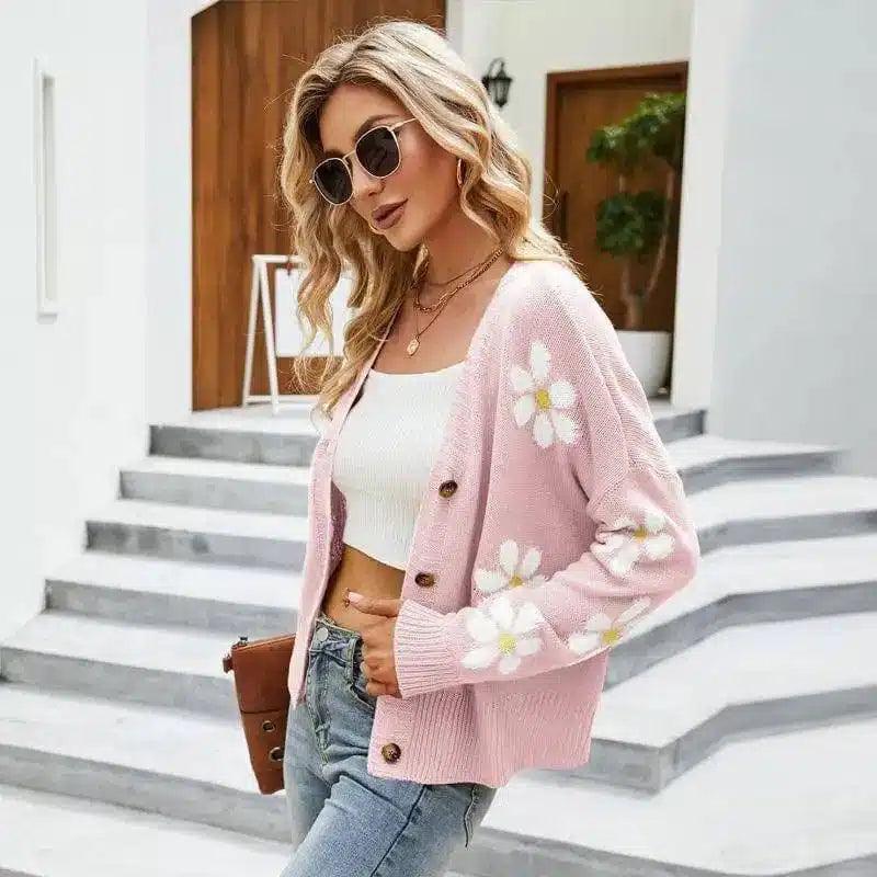 Floral Knit Cardigan for Casual Wear-Pink-2