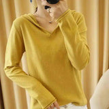 Women's V-Neck Hooded Casual Sweater-Yellow-3