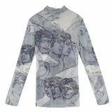 High Neck Printed Long Sleeve Fitted Top-Transparent-2