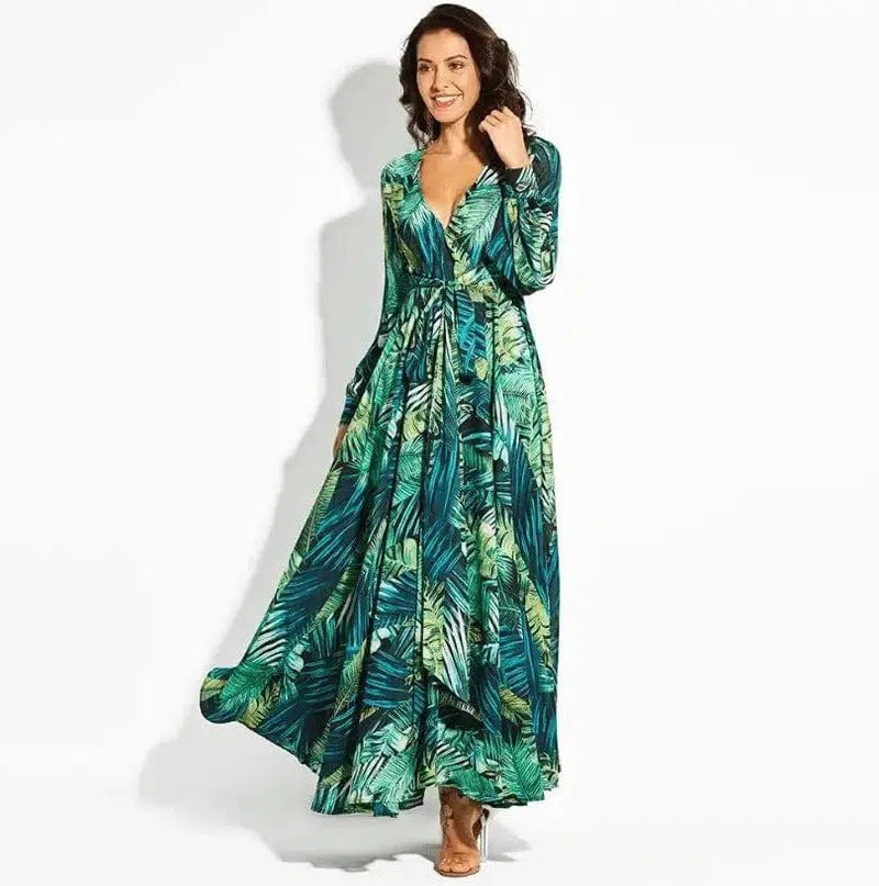 Lantern Sleeve V-neck Green Leaf Print Sk-9