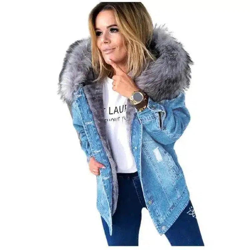 LOVEMI - Lovemi - Large Fur Collar Denim Jacket Warm Mid-Length Coat