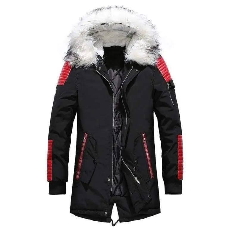 Large fur collar men's long cotton coat thick men's long-Black and red-3