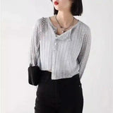 Striped Button-Up Casual Blouse-Grey-2