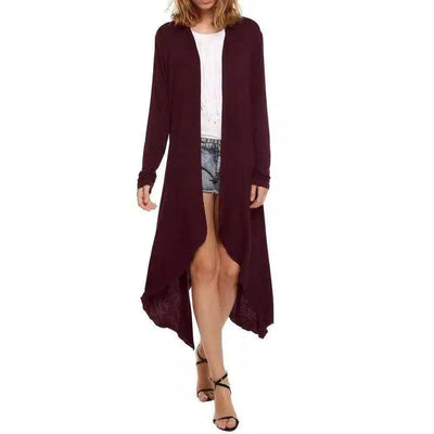 Women's Long Sleeve Asymmetric Cardigan-Red wine-2