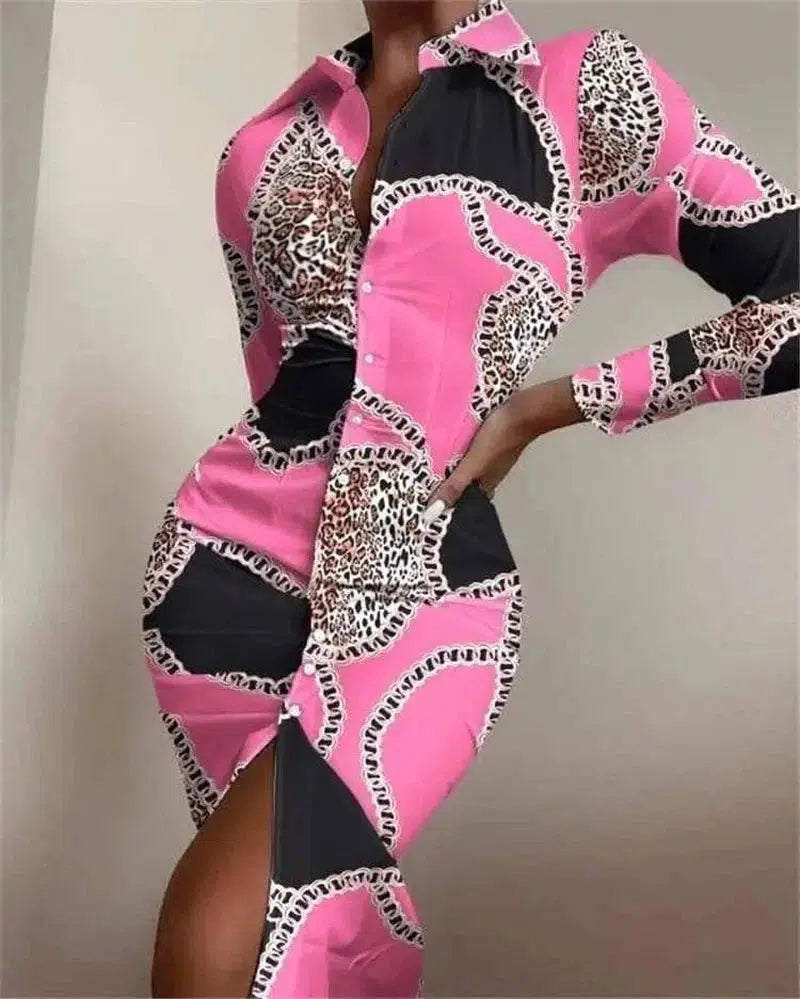 Long-sleeved Waist Printed Shirt Dress-Pink-4