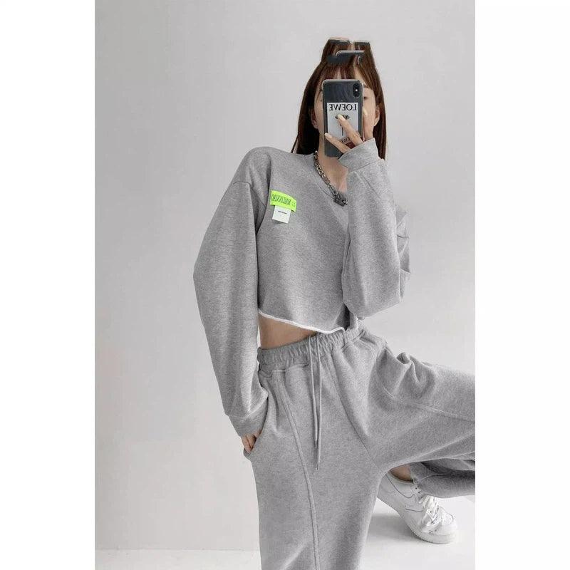 Cropped Sweatshirt & High-Waist Pants Set-Grey-2