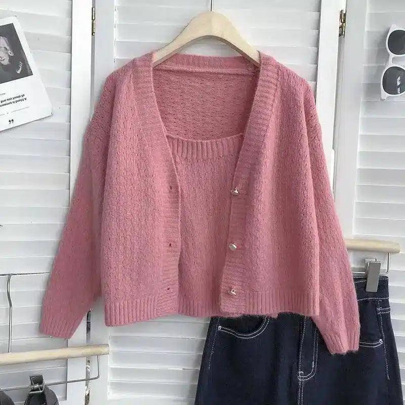 Loose Single-breasted V-neck Long-sleeved Knit Cardigan Is-Rose pink-5