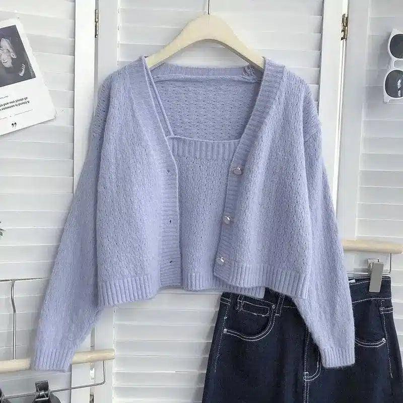 Loose Single-breasted V-neck Long-sleeved Knit Cardigan Is-Blue-6