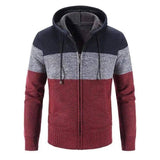 Men Sweater Thick Zipper Wool Sweaters Hooded Stripe Coat-Red-2